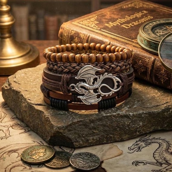 Flying Dragon Leather Bracelet Stack | Medieval Fantasy Cosplay Jewelry | Dragoncore Protector Bracelet for Men Women