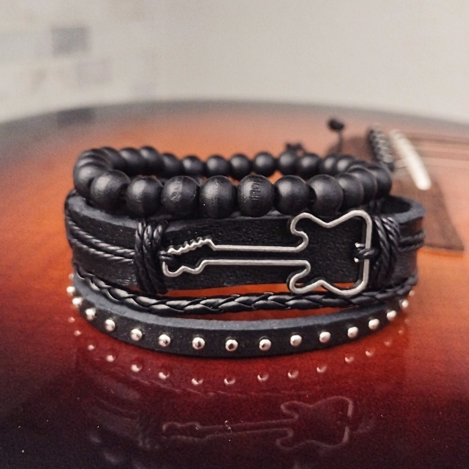 Men's Music Themed Guitar Rope Leather Bracelet
