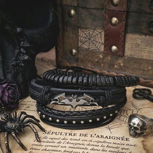 Gothic Bat Bracelet Stack | Vampire Leather Bracelet | Spooky Alt Jewelry for Emo  Goth Styles