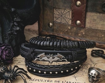 Gothic Bat Bracelet Stack | Vampire Leather Bracelet | Spooky Alt Jewelry for Emo  Goth Styles