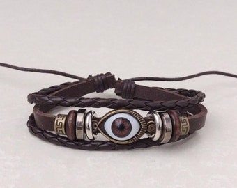 Brown Evil Eye Bracelet, Medieval Bracelet, Pagan Bracelet, Adjustable Bracelet for Men Women