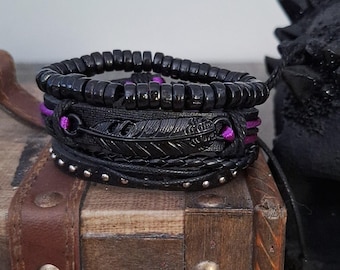 Raven Feather Bracelet Set: Cosplay Goth Adjustable Leather Bracelets