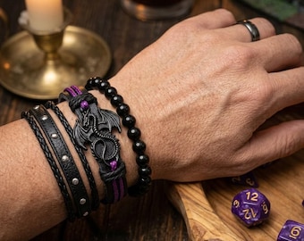 Gothic Dragon Bracelet Stack | Purple Dragon  Jewelry | Medieval Fantasy Adjustable Gift for Gamers and Cosplay