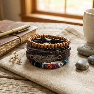 May include: A stack of bracelets with various designs. The top bracelet has wooden beads, followed by leather and braided styles. One bracelet features a silver feather charm, and another has a colorful woven pattern. The bracelets are displayed on a neutral-colored cloth.