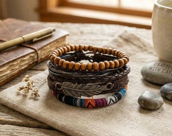 Modern Nomad Feather Wrist Stack | Dark Americana Protector Bracelet | Western Boho Jewelry for Men & Women