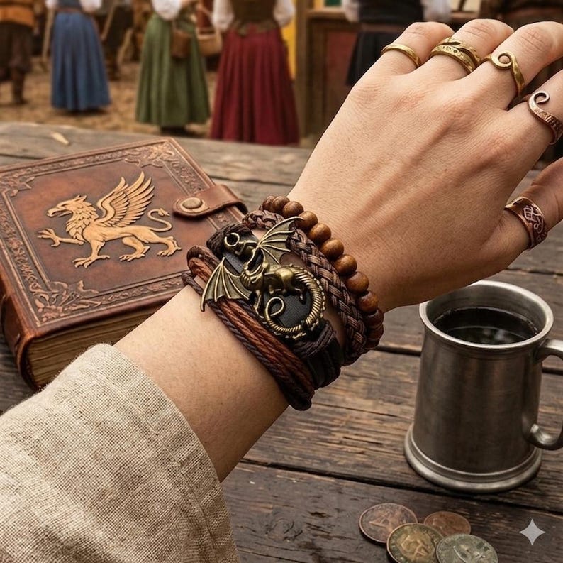 Puede incluir: Un diario encuadernado en cuero con un emblema de grifo dorado y una pulsera de m&uacute;ltiples hilos con un dije de drag&oacute;n de bronce. La pulsera incluye cuentas de madera y cuero trenzado. Varios anillos dorados adornan los dedos. Tambi&eacute;n se ven una jarra de peltre y monedas.