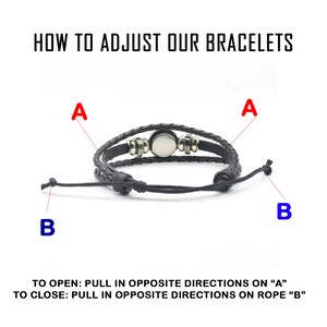 May include: Black braided leather bracelet with a silver clasp and a central circular silver accent. The image includes instructions: "HOW TO ADJUST OUR BRACELETS". To open, pull in opposite directions on "A". To close, pull in opposite directions on rope "B".