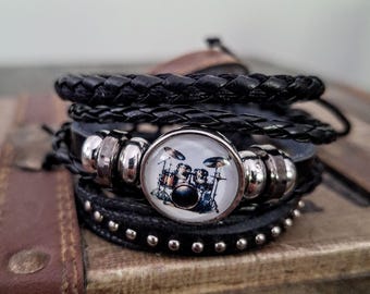 Drum Bracelets, Adjustable Drum Set Bracelets, Leather Bracelets, Musician Bracelets