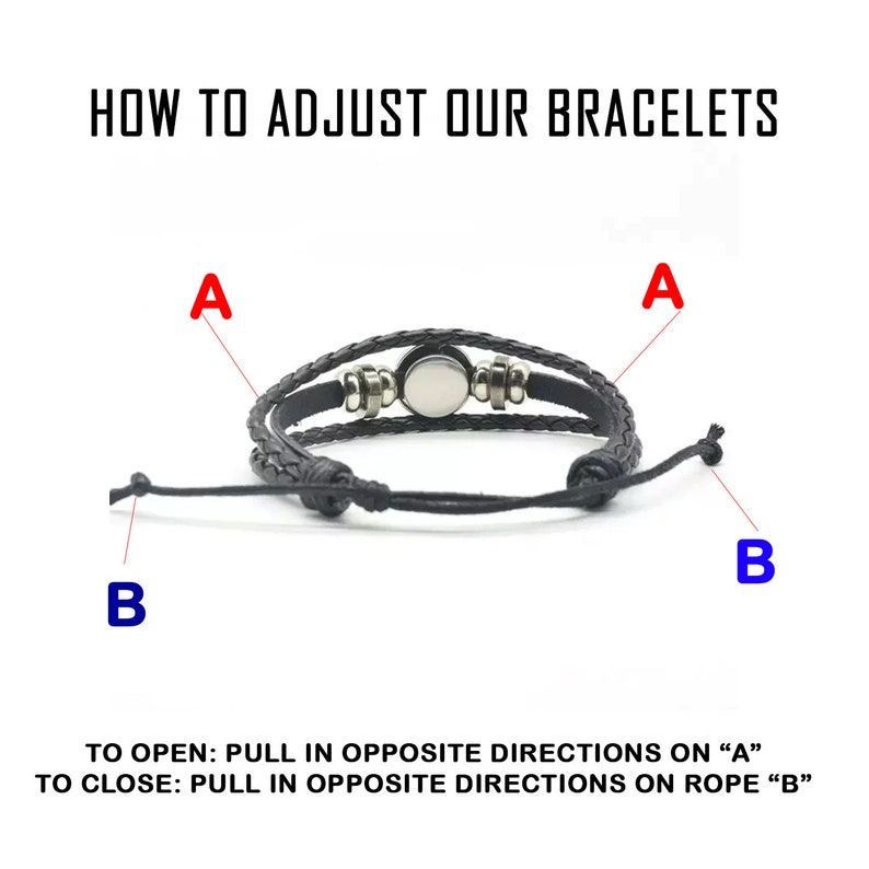 Puede incluir: Pulsera de cuero trenzado negro con cierre plateado. La imagen incluye instrucciones sobre c&oacute;mo ajustar la pulsera, con el texto "HOW TO ADJUST OUR BRACELETS". Las instrucciones explican c&oacute;mo abrir y cerrar la pulsera.