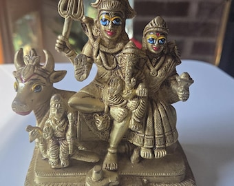 Brass Lord Shiva Parvati Kartikeya Ganesha and Nandi Ji Murti Shiv Family Parivar Statue 5 Inches