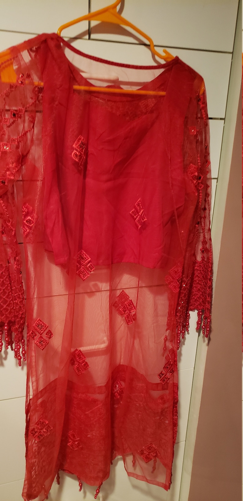 Pakistani Indian Women/'s Red Embroidered Net and Jamawar 4 Piece Suit Eid and Party Wear Size M