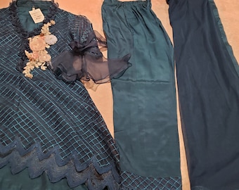 Blue Embroidered Organza Shalwar Suit, Size M, Net Dupatta Eid Collection