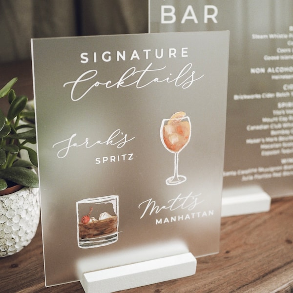 Signature Cocktails Acrylic Sign w/ Drink Illustrations | 8x10" | Wood Stand | Modern Wedding Signage