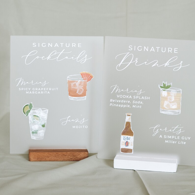 Wood Stand Modern Wedding Signage Signature Cocktails Acrylic Sign w Drink Illustrations 8x10