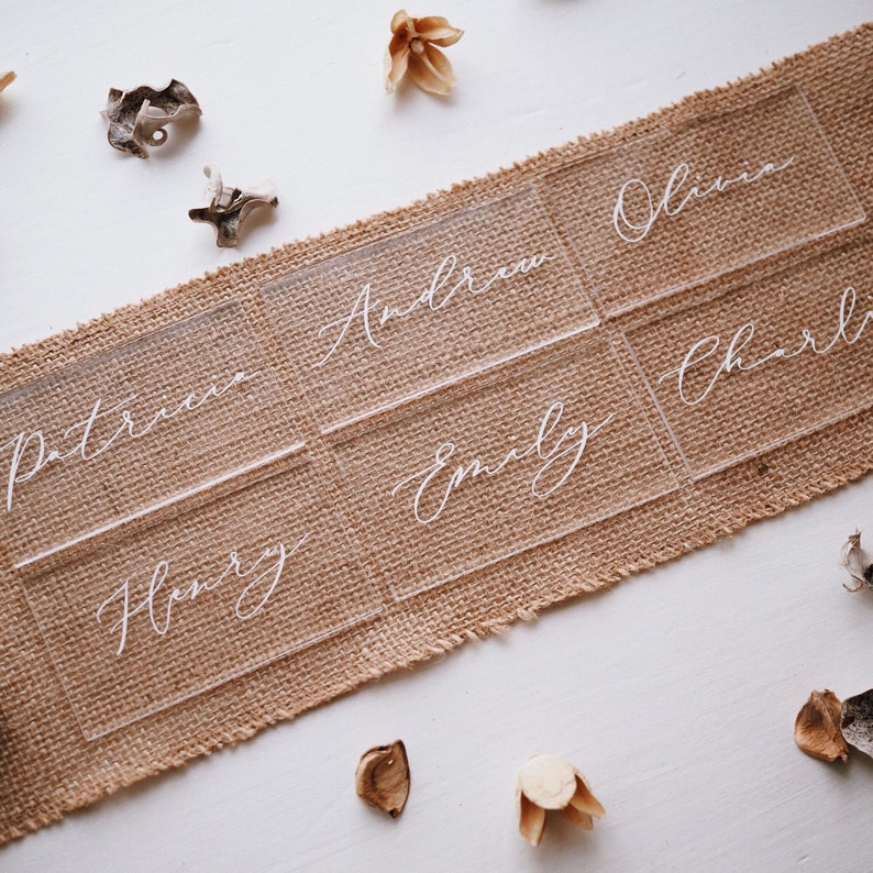 White Lettering in Gold First Silver Black Last Name Available Painted or Clear Acrylic Rectangle Place Cards