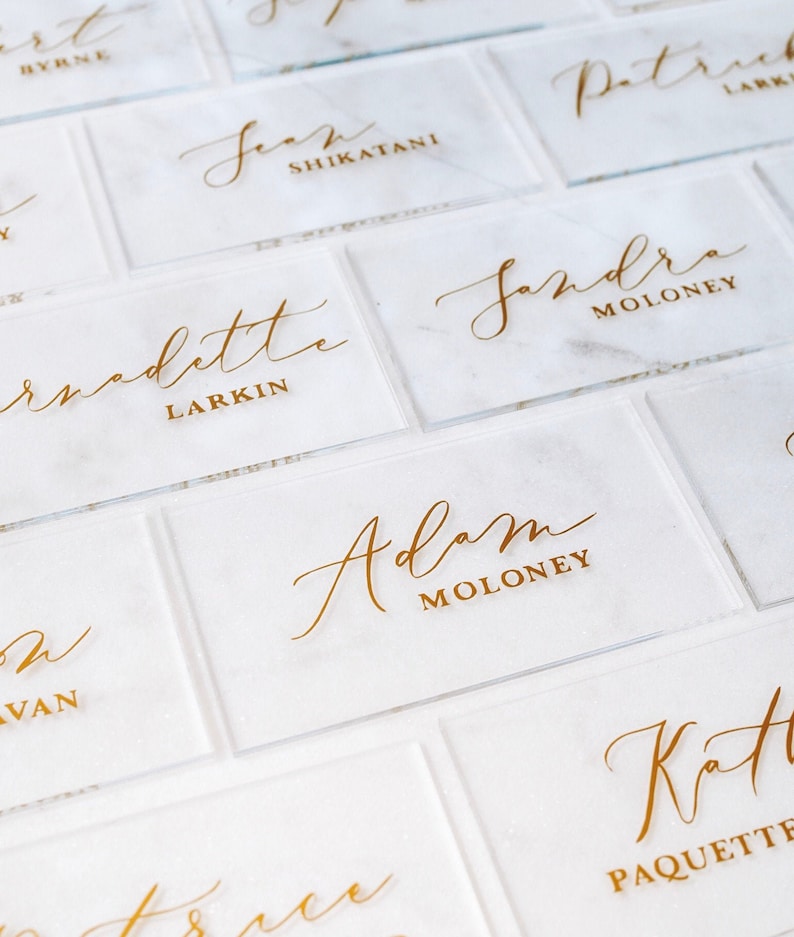 White Lettering in Gold First Silver Black Last Name Available Painted or Clear Acrylic Rectangle Place Cards