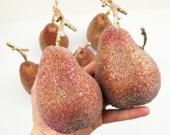 Sugared Pears - set of 7- Vintage Pink Beaded Pears with Golden Accents -Artificial Beaded Faux Fruit Bowl/Basket Filler Fruit Centerpiece.
