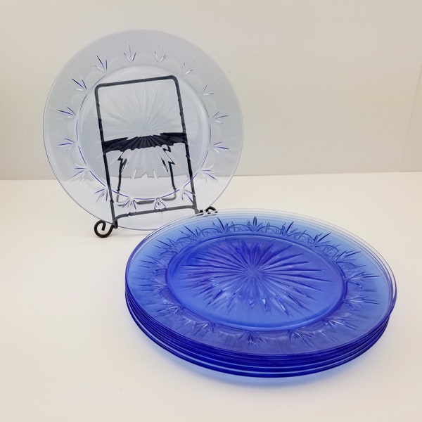 Vintage Avon Fostoria - 6 Plates - Blue Starburst American Classics Glass Plate Set- Blue Formal Party Wedding Table Setting Dishware Decor.