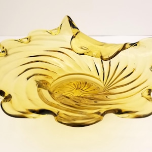 Amber Glass Candy Dish - 9&quot; - MCM Art Glass Trinket Bowl- Vintage Amber Yellow Glass Swirl Folded Edge Bowl - Fancy Trinket Jewlery Dish.
