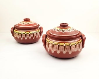 Bulgarian Clay Pots - Set of 2 - VTG Genuine Troyan Redware Drip Glaze Clay Pots with Vented Lids - Hand Made Bulgarian Pottery Cookware.