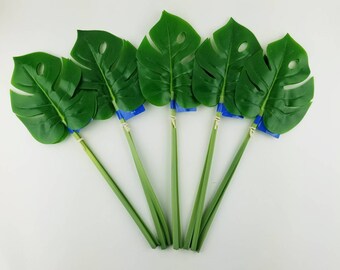 Faux Monstera stems - set of 5 . Artificial tropical greenery. Monstera deliciosa leaf stem bundle. Large leaf greenery. Tropical home decor