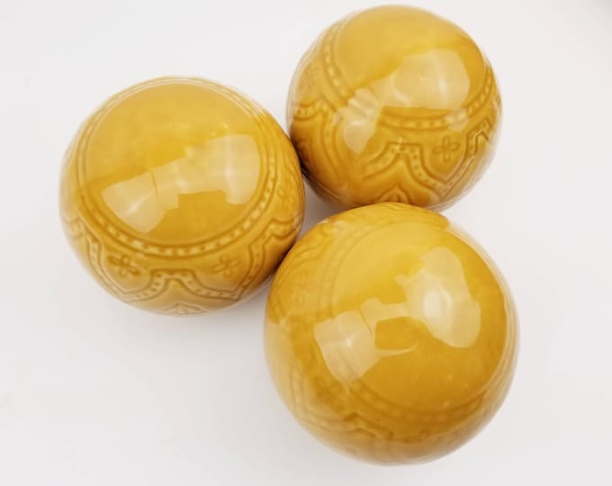 Ceramic Orbs 4in Set of 3. Vintage Decorative Orbs With Geometric Design. Yellow Ceramic Ball