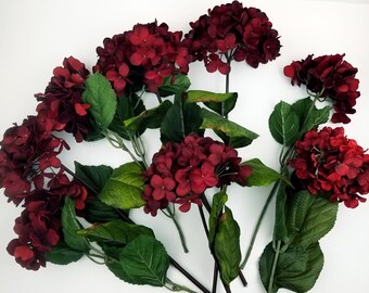 Burgandy Hydrangea - 8 stems - Artificial Hydrangea Flower Stems with Greenery Accents -  Faux Red Hydrangea DIY Floral Bouquet Arrangement.