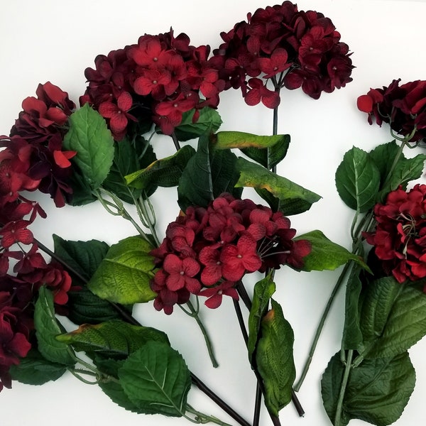 Burgandy Hydrangea - 8 stems - Artificial Hydrangea Flower Stems with Greenery Accents -  Faux Red Hydrangea DIY Floral Bouquet Arrangement.