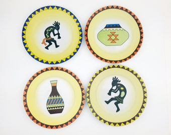 Kokopelli plates- 8in- set of 4. VTG kokopelli/pottery decorative plate set. Vintage south western  style kokopelli home decor.
