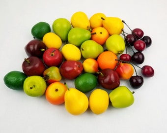 Mini Fruit Variety - 30 pieces - Miniature Faux Fruit Bowl & Basket Fillers - Decorative Fruit Home Accents- Fake Apples Oranges Pomegranate