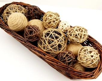 Rattan Orb Variety - 12pc - Brown & Beige Woven Wicker Rattan Balls - Farmhouse Decor Bowl/Basket Fillers - Natural Rustic Home Accents.