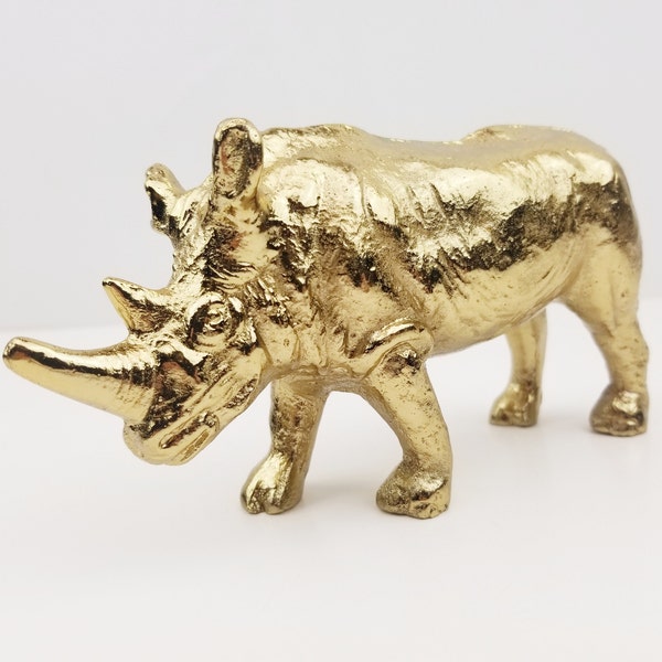 Heavy Brass Rhino Figure 6" Thick Metal Rhinoceros Paper Weight/Figurine. Gold Metal African Rhino Home Office Decor. Metal Animal Shelf Art