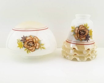 Vintage light fixture set- 4 pieces. Mid century matching glass dome and ruffled light fixtures with floral motif. Vintage home decor.