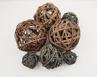 Rattan Orbs- 7 pcs -Brown Woven Rattan Ball Variety - Decorative Wicker Rattan Bowl & Basket Filler Arrangement- Rustic Natural Home Accents