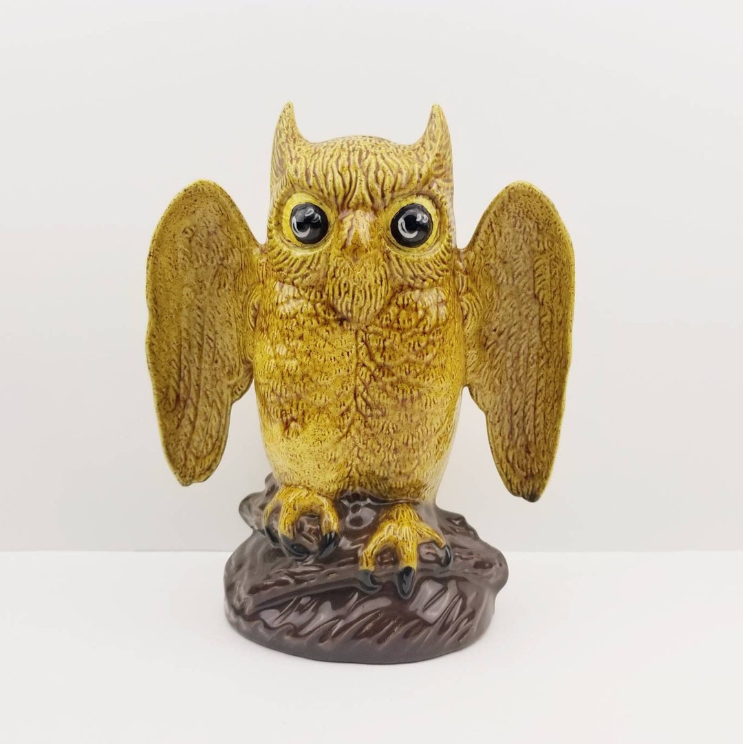 Vintage Owl Statue 11.5in Tall. Glazed Ceramic 1960s Style Folk Art Owl