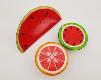 Faux fruit slices- set of 3. Artificial orange/watermelon slices. Decorative fake food display. Artificial tropical fruit bowl fillers.