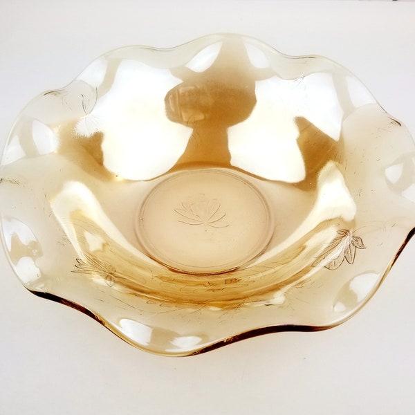 Jeanette Glass Marigold Carnival Glass Bowl - 10" - Floragold "Louisa" Ruffle Edged Serving Bowl with Etched Rose Floral Carnival Glass.