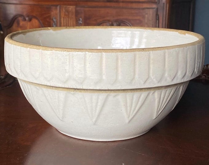 Large Antique Ruckels Stoneware White Picket Fence Mixing Crock Bowl 10" / Farmhouse Primitive Vintage Cottage