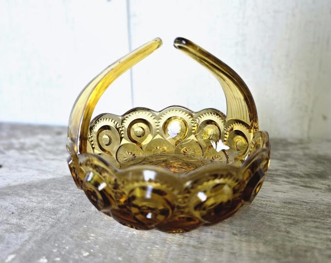 Vintage LE Smith Moon and Stars Basket Small Gold Amber Glass Bowl Split Handles Candy Mint Nut Dish Retro Glassware