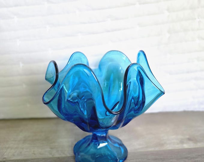 Vintage L E Smith MCM Peacock Blue Handkerchief Compote Art Glass Vase