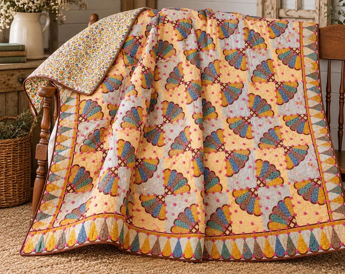 Handmade Vintage Fan Quilt – 81x93 – Boho Colorful Patchwork Blanket with Pom-Poms – Floral Backing – Farmhouse Cottagecore Bedding - Retro