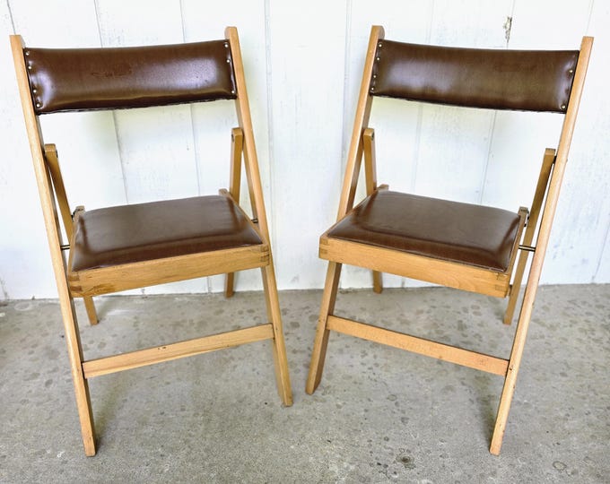 Vintage Mid Century Modern Folding Chairs | Wooden and Leather Eden Style Folding Chairs | MCM | Made in Romania
