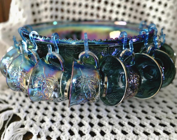 Carnival Glass Punch Bowl Set | Vintage Carnival Glass | Punch Bowl Set | Indiana Glass | Blue Carnival Glass