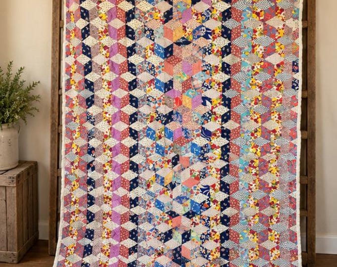 Vintage Handmade Patchwork Lap Quilt – Tumbling Block Quilt - 55x84 – 3D Cube Pattern – Bright Floral Farmhouse Throw – Excellent Condition
