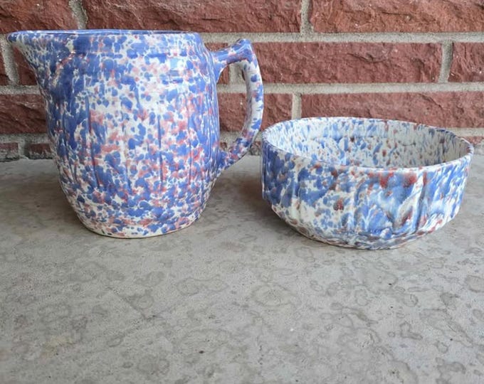 Vintage Kitchen | Stoneware Pitcher & Bowl | Morton Stoneware | Morton Stoneware Pitcher and Bowl | Primitive Vintage Antique | Spatterware
