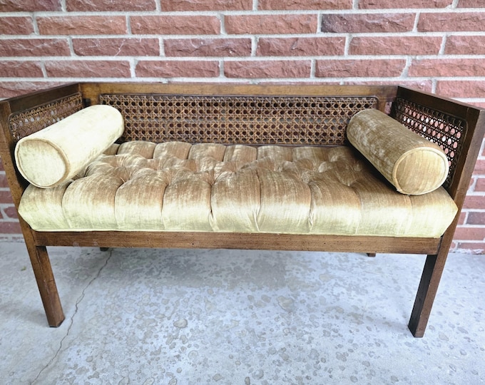Vintage MCM/Hollywood Regency Velvet Tufted Bench With Cane Back and Solid Wood Frame