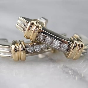 14K Two-Tone Gold Finish Women's Push Back Hoop Earrings White Round Cut Simulated Diamond Hoop Earrings In 925 Sterling Silver