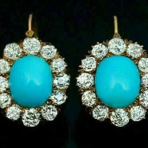 Cluster Earrings Yellow Gold Finish 10 Ct Antique Victorian Turquoise and Diamond