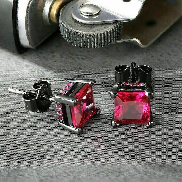 Solitaire Stud Earrings 14K Black Gold Finish 925 Sterling Silver Delicate 4Ct Princess Cut Red Ruby