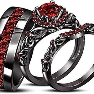 Gothic Red Garnet Wedding Ring Set: Black Gold Finish Trio